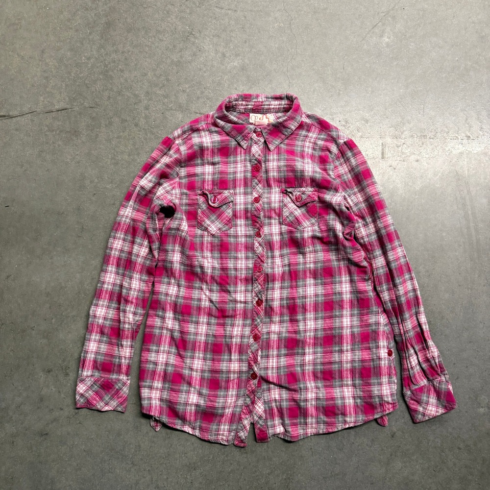 Ocean Pacific OP Womens XL Pink Grey Plaid Flannel Button Down Shirt Long Sleeve